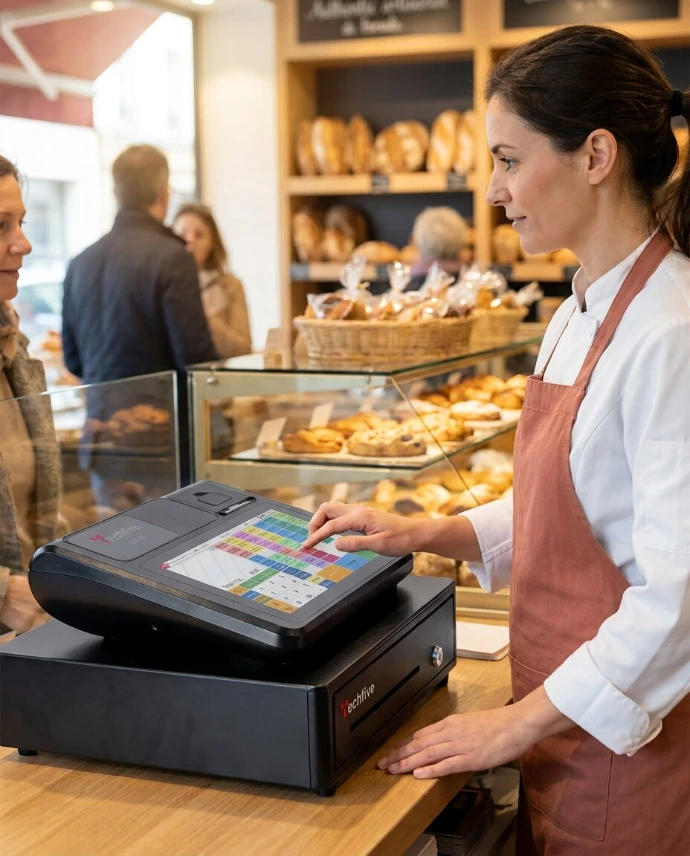 Boulangère utilisant une caisse enregistreuse Techfive dans une boulangerie