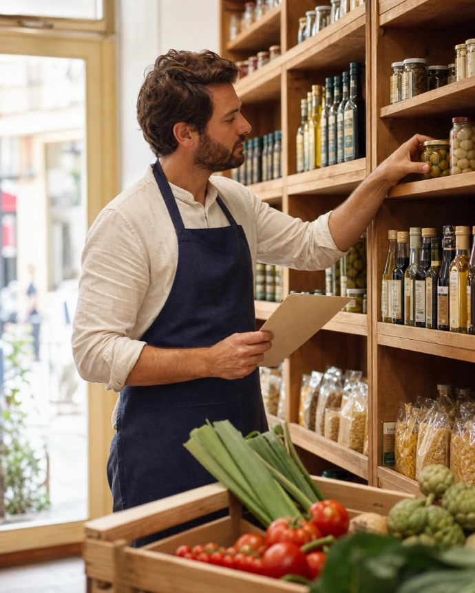 Épicier vérifiant les produits dans les rayons de son épicerie de quartier