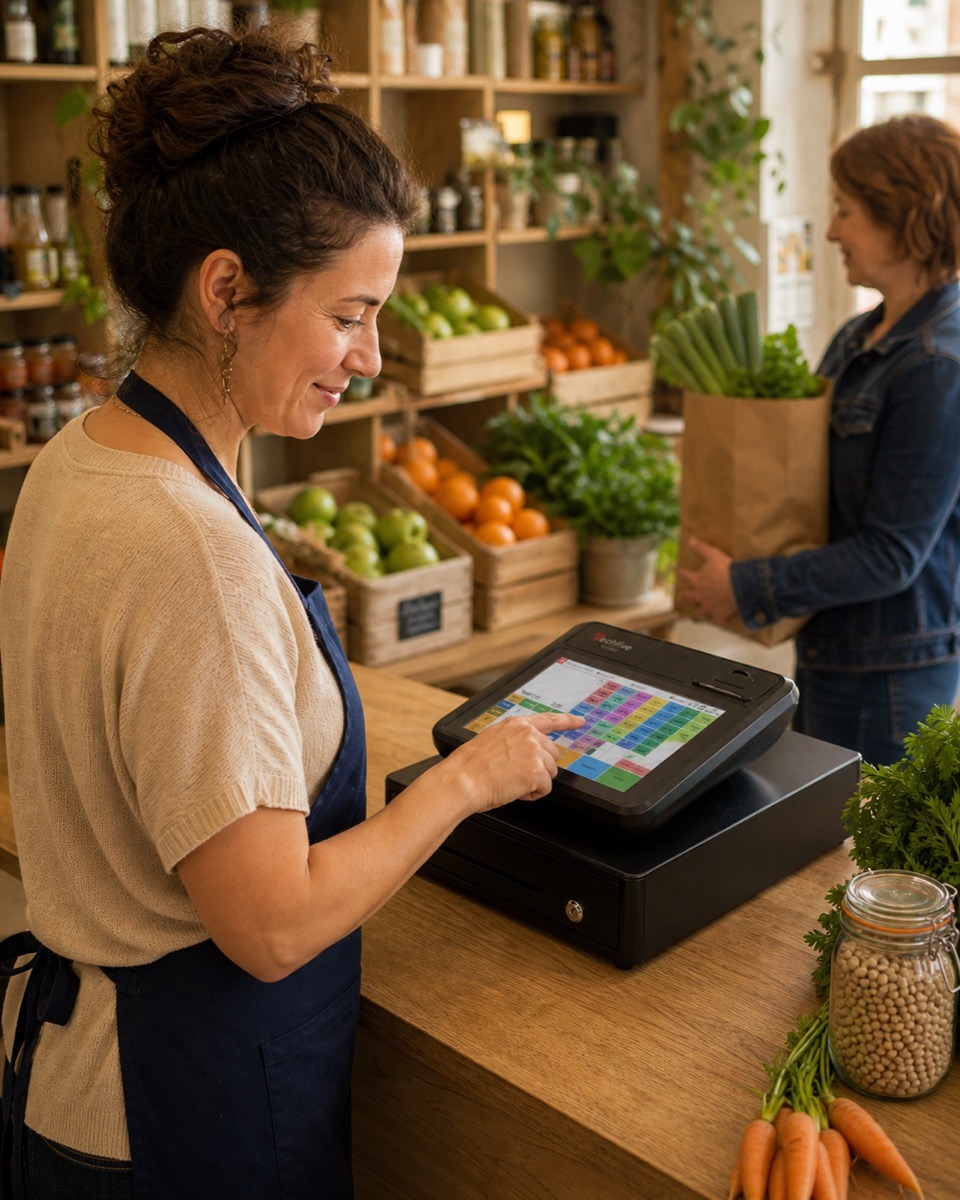 Épicière utilisant sa caisse Techfive, avec l’écran tactile et le tiroir orientés vers elle