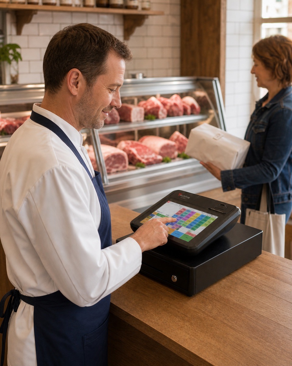 Boucher utilisant sa caisse Techfive, avec l’écran tactile et le tiroir orientés vers lui